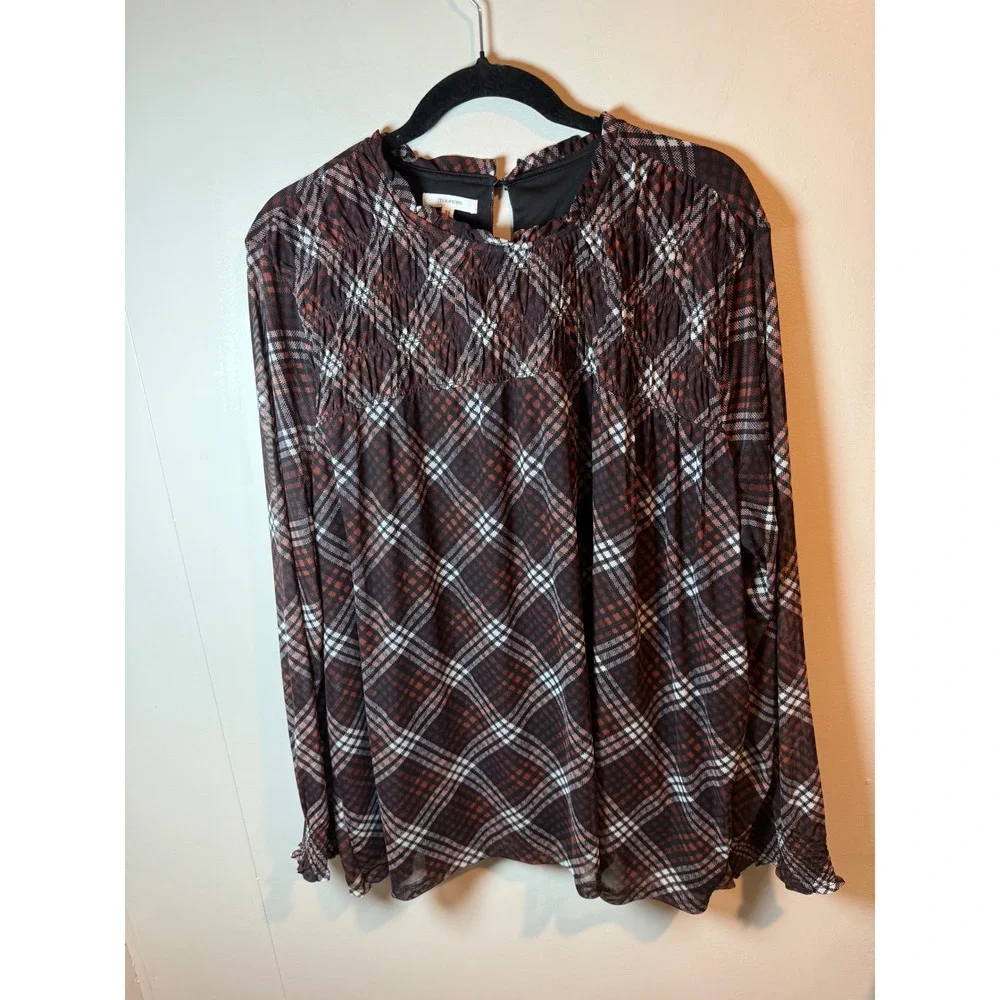 Maurices Women 3X Brown Plaid Smocked Yoke Ruffle Neck Long Sleeve Blouse Top - Picture 2 of 9